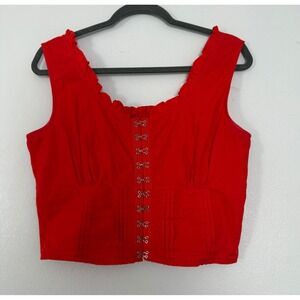SIM & SAM Red Hook and Eye Corset Style Cropped‎ Top Tank Shirt Women L